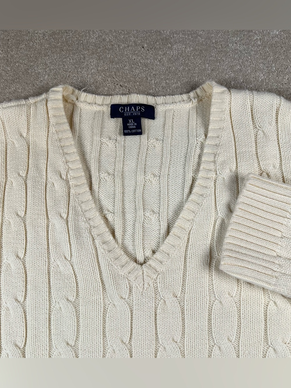 Chaps Sweater V Neck Pale Yellow Cable Knit 100% Cotton Casual Women's XLarge